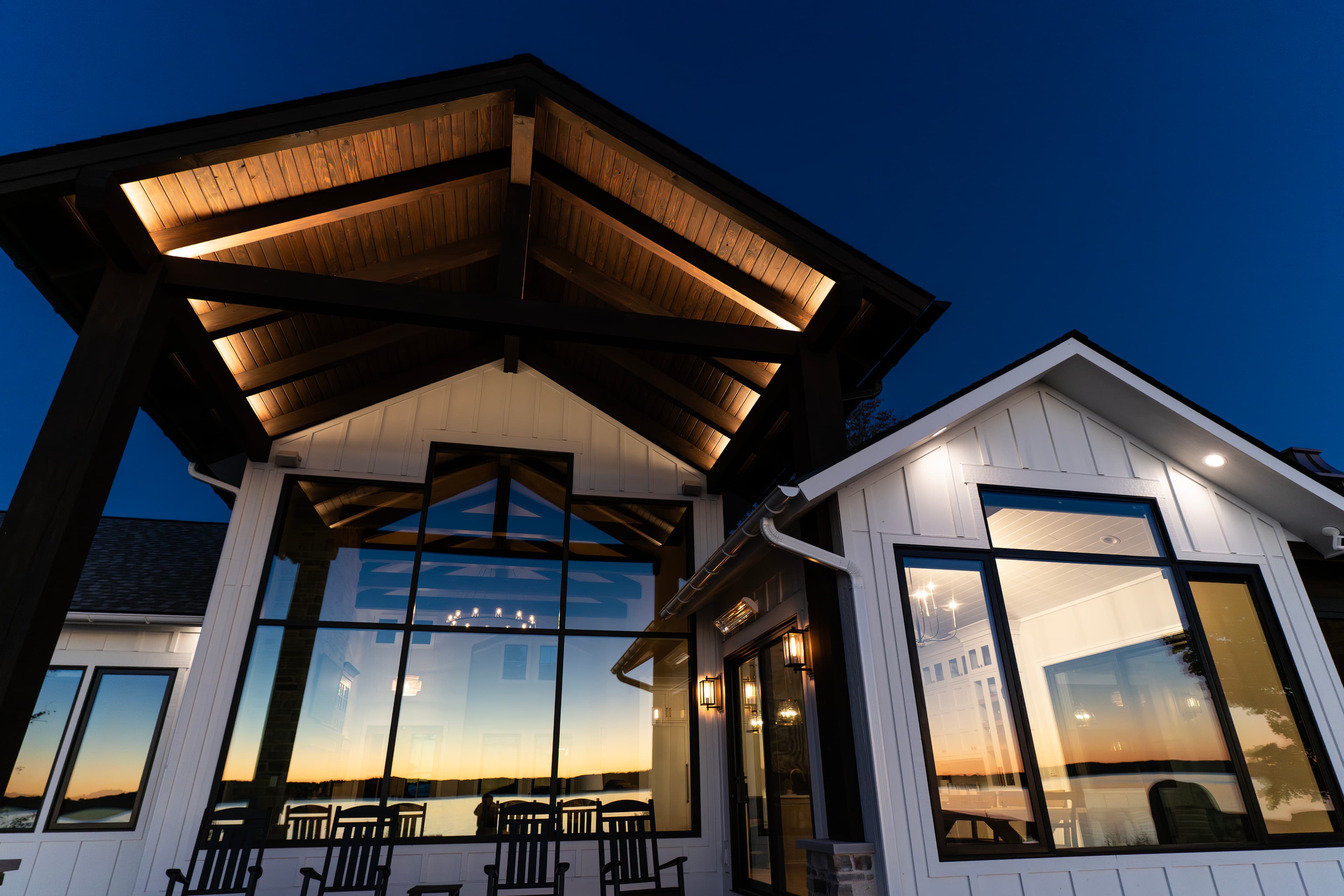 Timber frame home at twilight